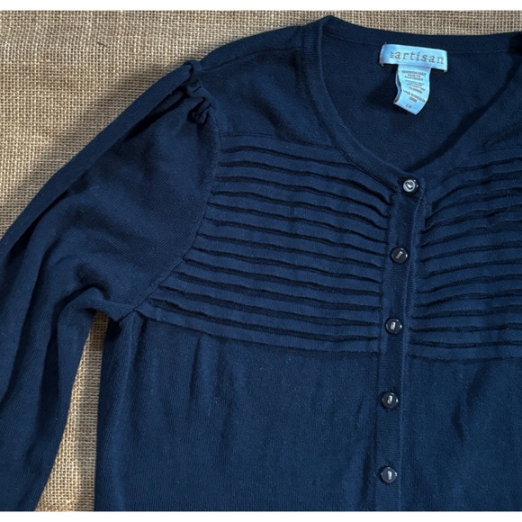 Navy Blue Pleated Chest Button Front Cardigan Sweater Sz. Large Preppy Lagenlook - Picture 2 of 5